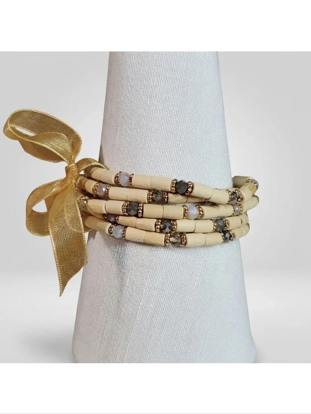 Bracelet Set 5-Pc Crystal Balsa Wood Glass Sparkle Boho Stretchy Aurora Borealis